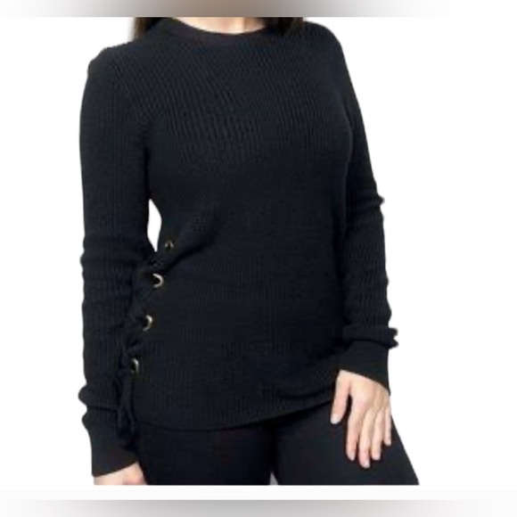 Y2K MICHAEL KORS BLACK RIBBED GOLD CREW NECK Side Lace Up SWEATER SIZE LARGE - Picture 1 of 9